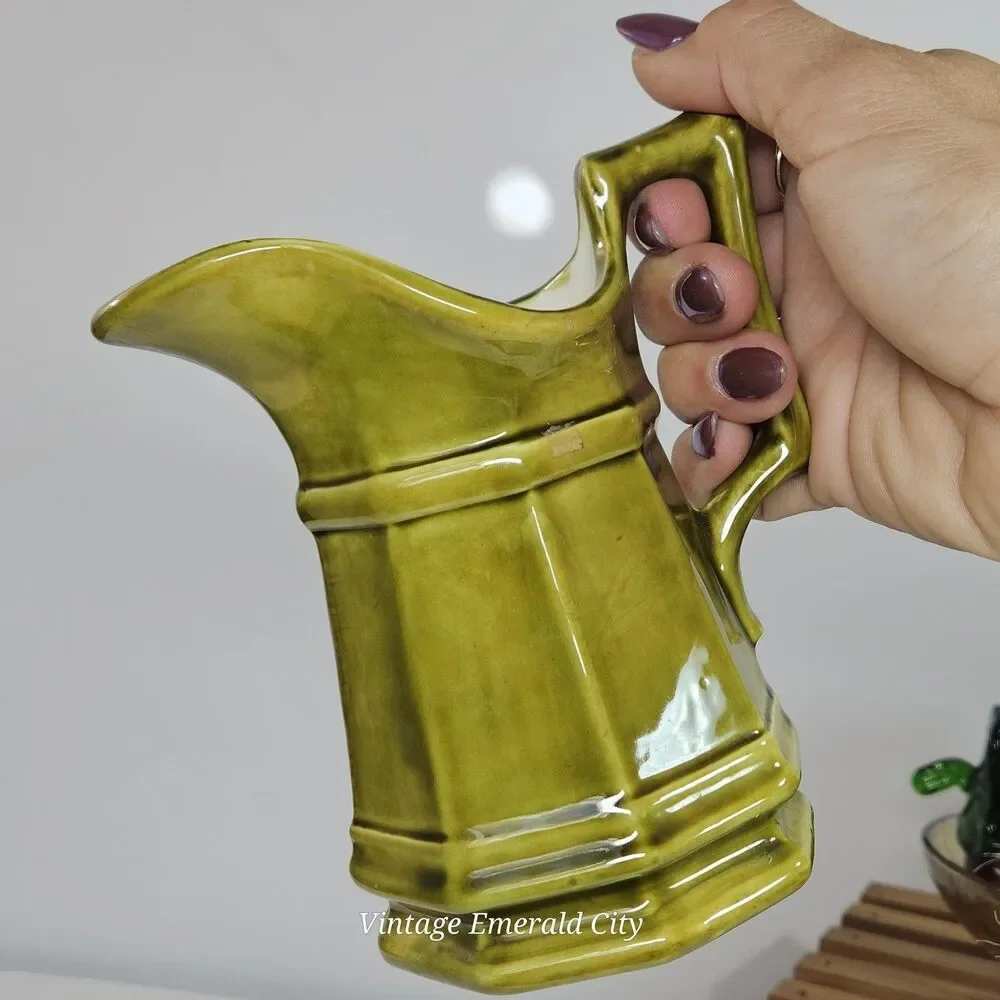 Vtg Studio Pottery Creamer Olive Green Paneled Octagon Mini Stone Pitcher Signed